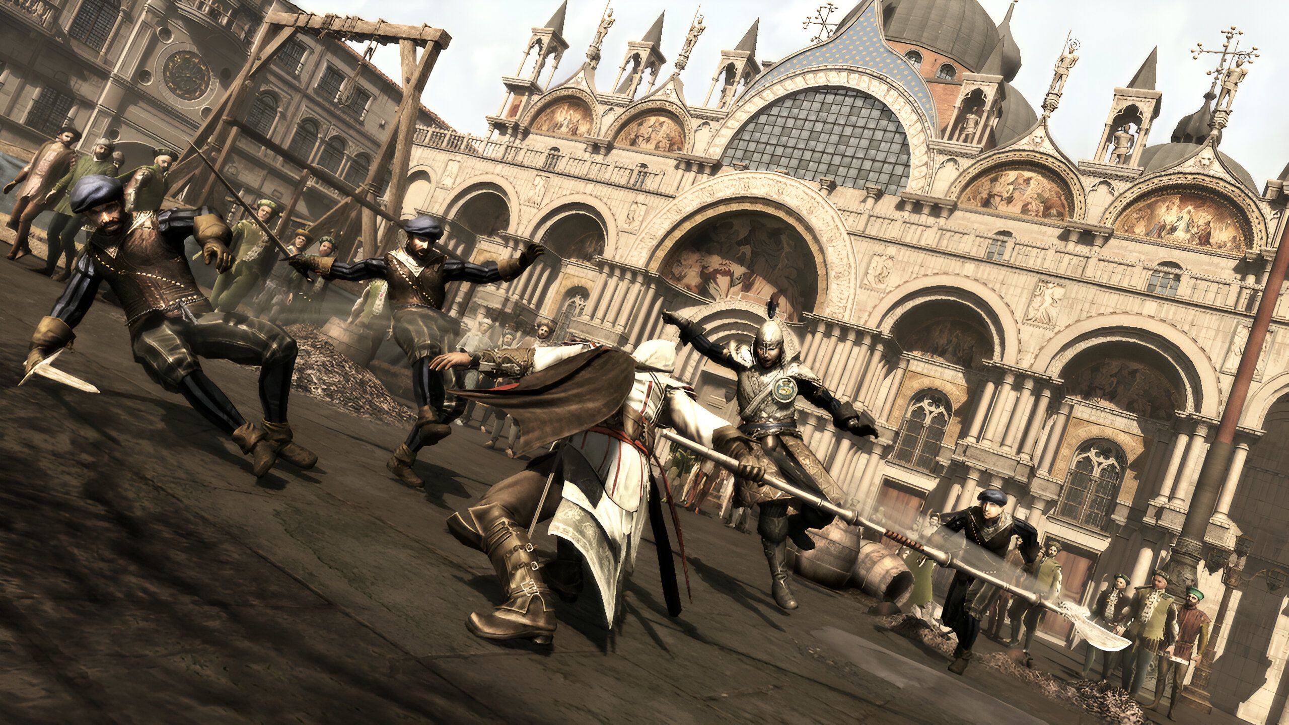 Ezio Auditore swiping a halberd to attack multiple enemies at once in Assassin's Creed II.