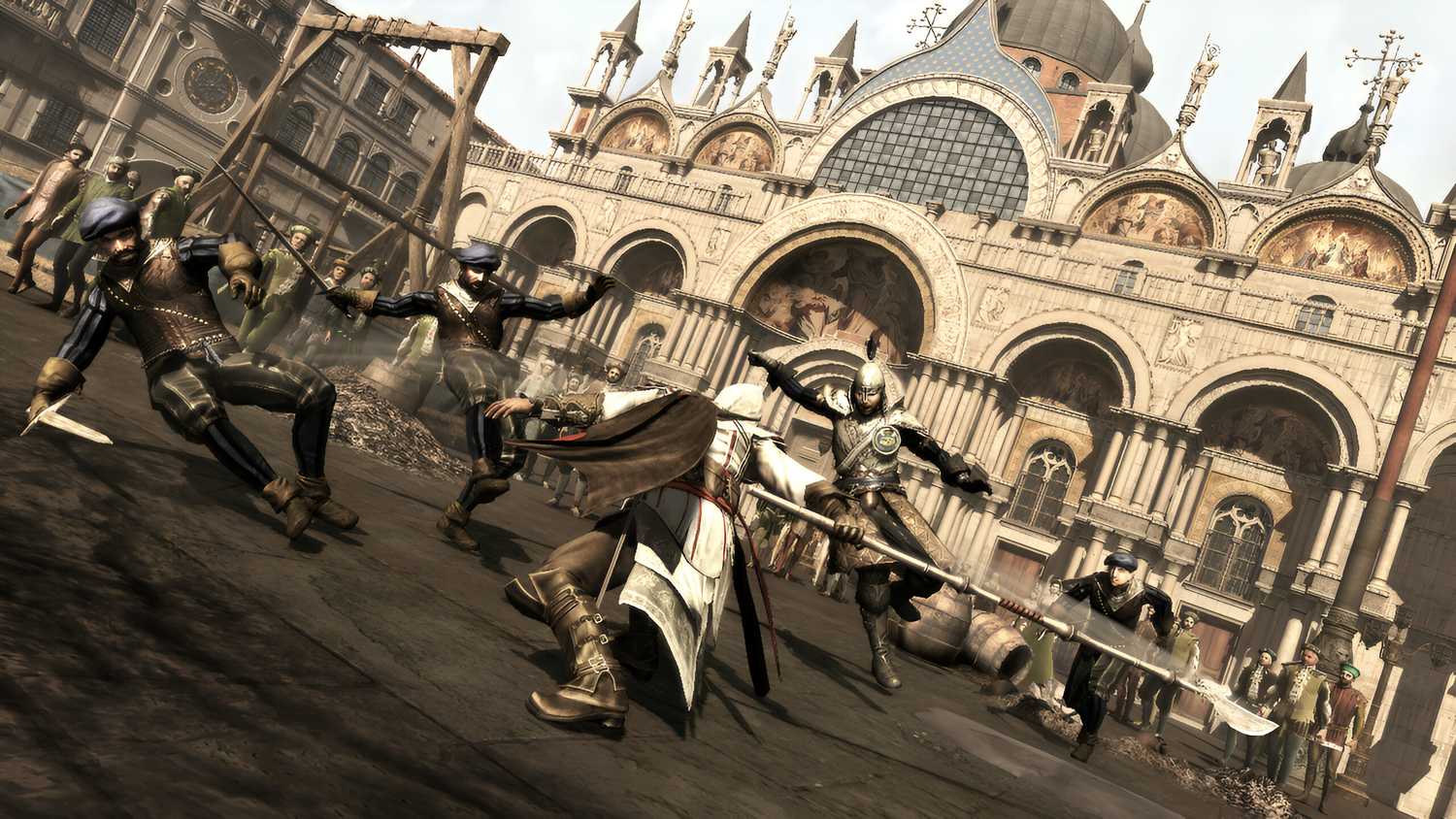 Ezio Auditore swiping a halberd to attack multiple enemies at once in Assassin's Creed II.