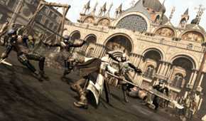 Ezio Auditore swiping a halberd to attack multiple enemies at once in Assassin's Creed II.