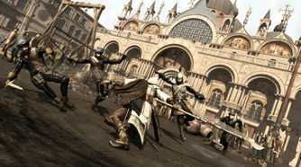 Ezio Auditore swiping a halberd to attack multiple enemies at once in Assassin's Creed II.