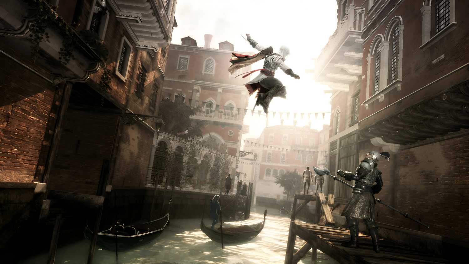 Ezio leaping towards a guard in Assassin's Creed II.