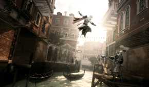 Ezio leaping towards a guard in Assassin's Creed II.