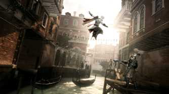 Ezio leaping towards a guard in Assassin's Creed II.