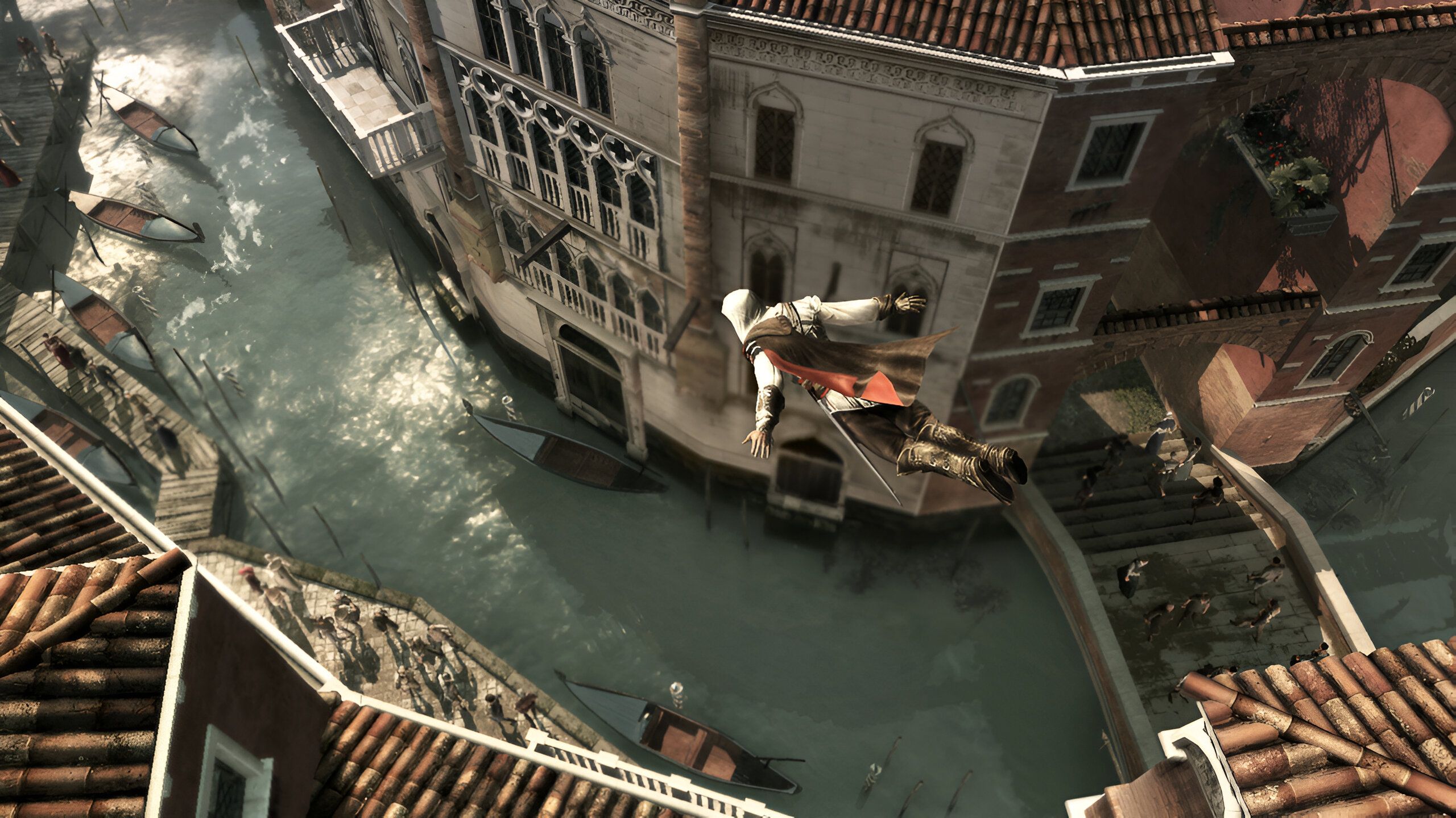 Ezio performing a leap of faith off a rooftop into the river in Assassin's Creed II.