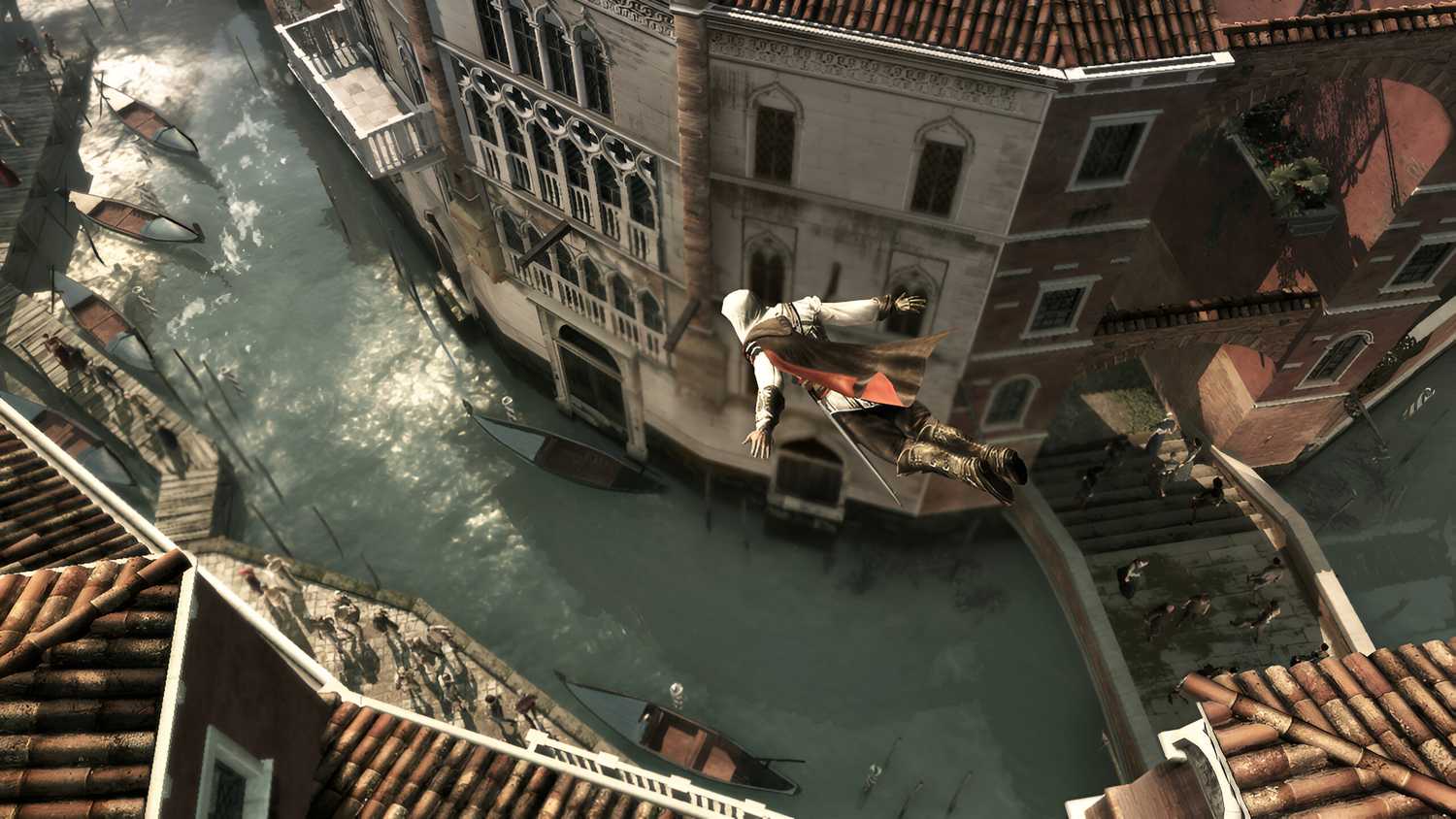 Ezio performing a leap of faith off a rooftop into the river in Assassin's Creed II.