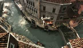 Ezio performing a leap of faith off a rooftop into the river in Assassin's Creed II.