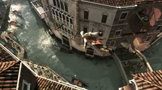 Ezio performing a leap of faith off a rooftop into the river in Assassin's Creed II.