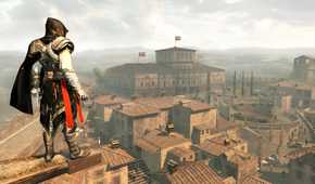 Ezio standing on a ledge overlooking the Montereggioni Villa in Assassin's Creed II.