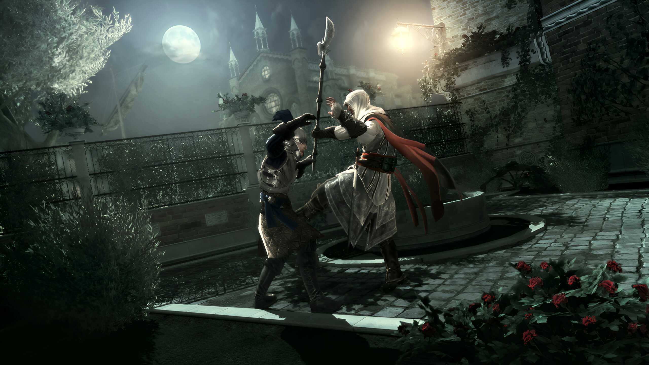 Ezio Auditore fighting and taking down a guard wielding a halberd in Assassin's Creed II.