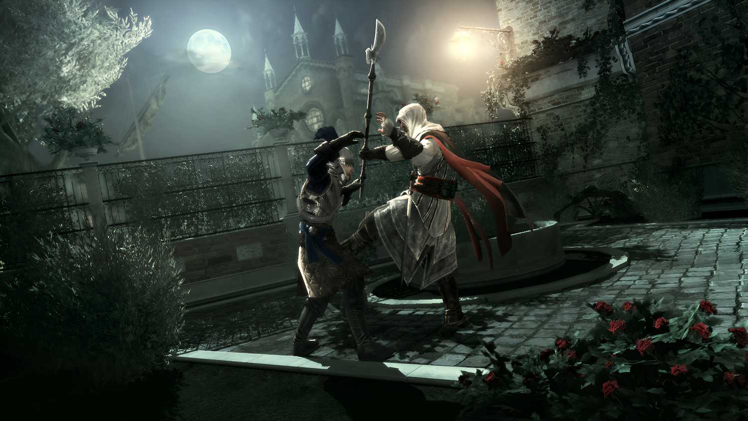 Ezio Auditore fighting and taking down a guard wielding a halberd in Assassin's Creed II.