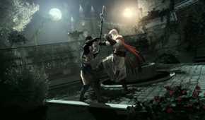 Ezio Auditore fighting and taking down a guard wielding a halberd in Assassin's Creed II.