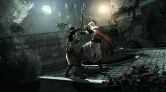 Ezio Auditore fighting and taking down a guard wielding a halberd in Assassin's Creed II.