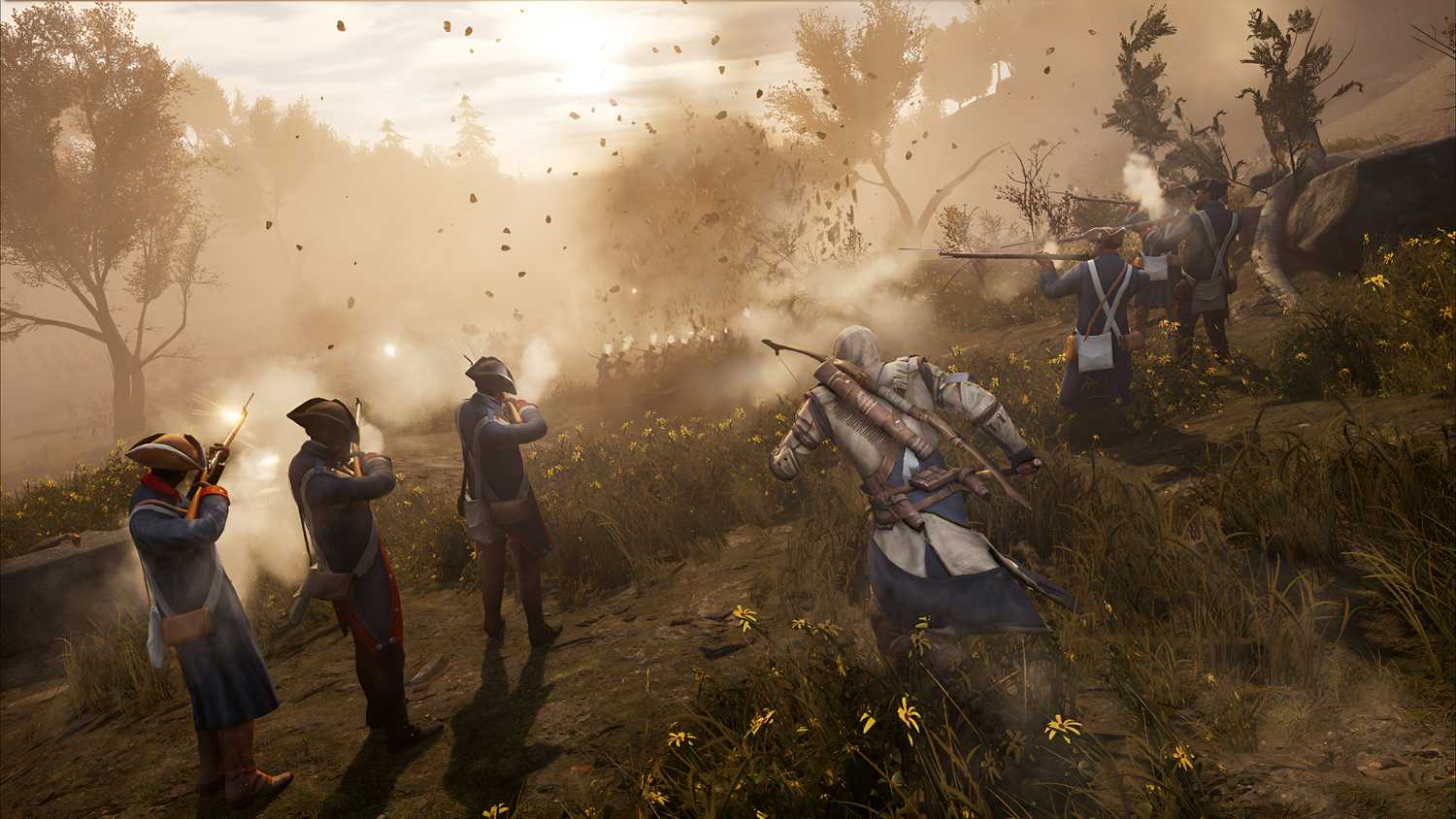 A screenshot from Assassin's Creed III, showing Connor Kenway standing at the battleground while soldiers around him fire muskets.