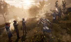 A screenshot from Assassin's Creed III, showing Connor Kenway standing at the battleground while soldiers around him fire muskets.