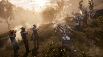 A screenshot from Assassin's Creed III, showing Connor Kenway standing at the battleground while soldiers around him fire muskets.