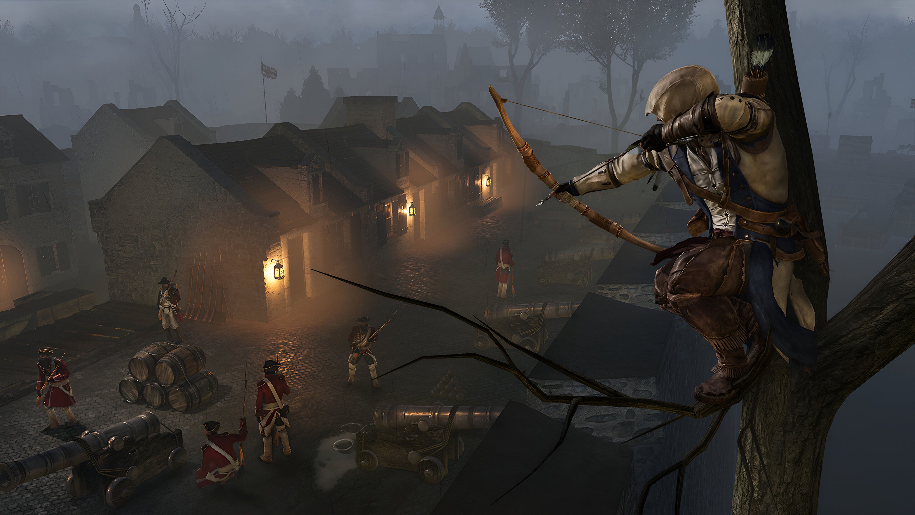A screenshot from Assassin's Creed III, showing Connor Kenway perched stealthily atop a tree while aiming a bow-and-arrow at enemies below.