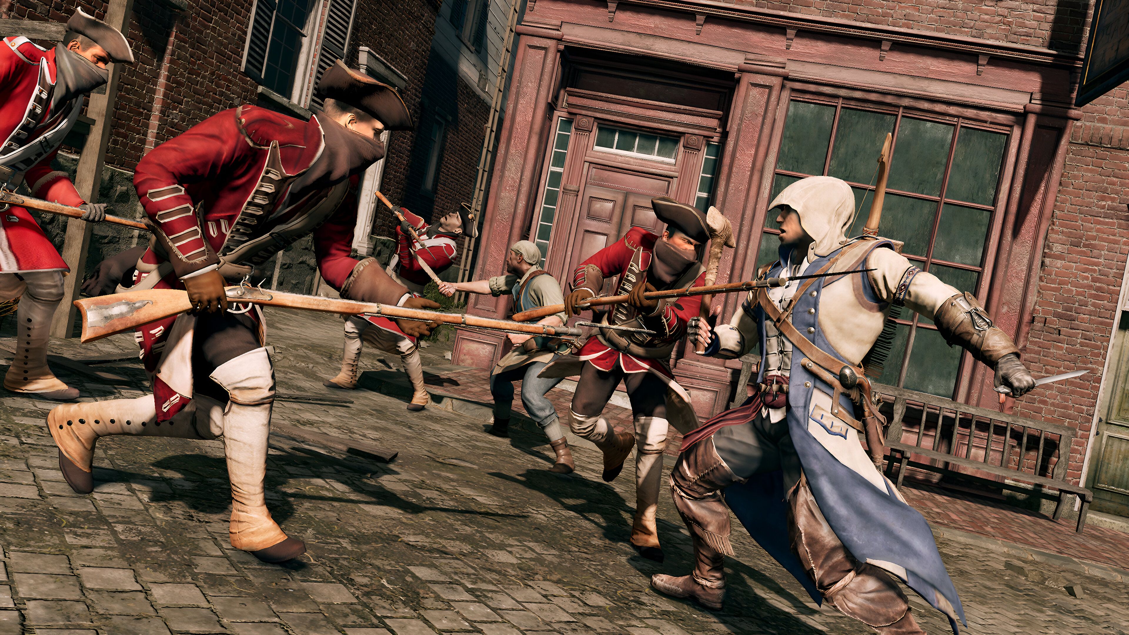 A screenshot from Assassin's Creed III, showing Connor Kenway fighting with a knife and an ax.