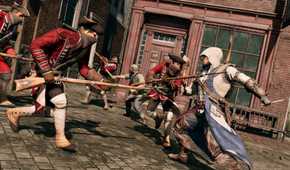 A screenshot from Assassin's Creed III, showing Connor Kenway fighting with a knife and an ax.