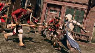 A screenshot from Assassin's Creed III, showing Connor Kenway fighting with a knife and an ax.