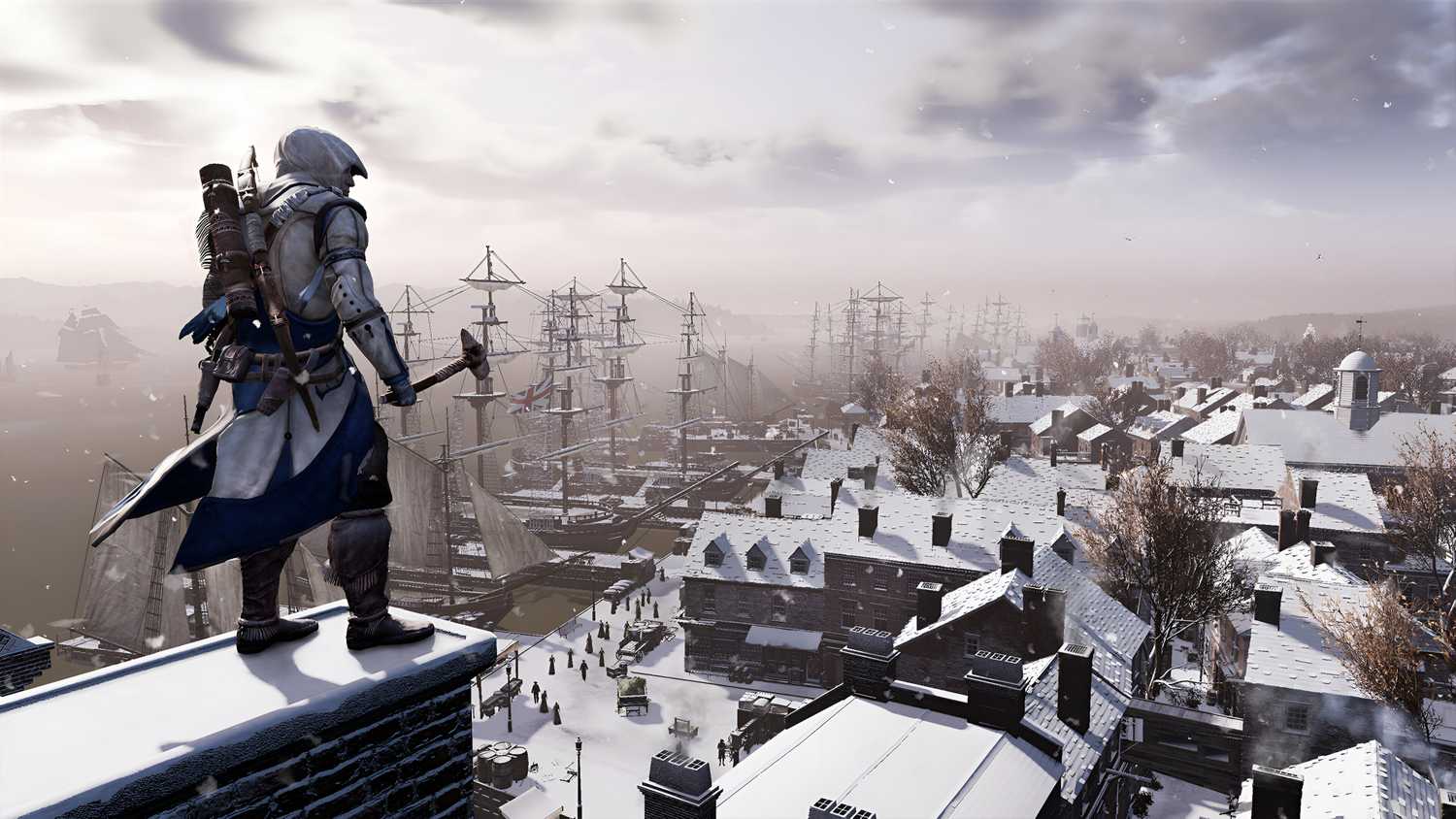A screenshot from Assassin's Creed III, showing Connor Kenway standing atop a snow-covered ledge while wielding an ax.