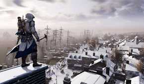 A screenshot from Assassin's Creed III, showing Connor Kenway standing atop a snow-covered ledge while wielding an ax.