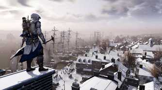 A screenshot from Assassin's Creed III, showing Connor Kenway standing atop a snow-covered ledge while wielding an ax.
