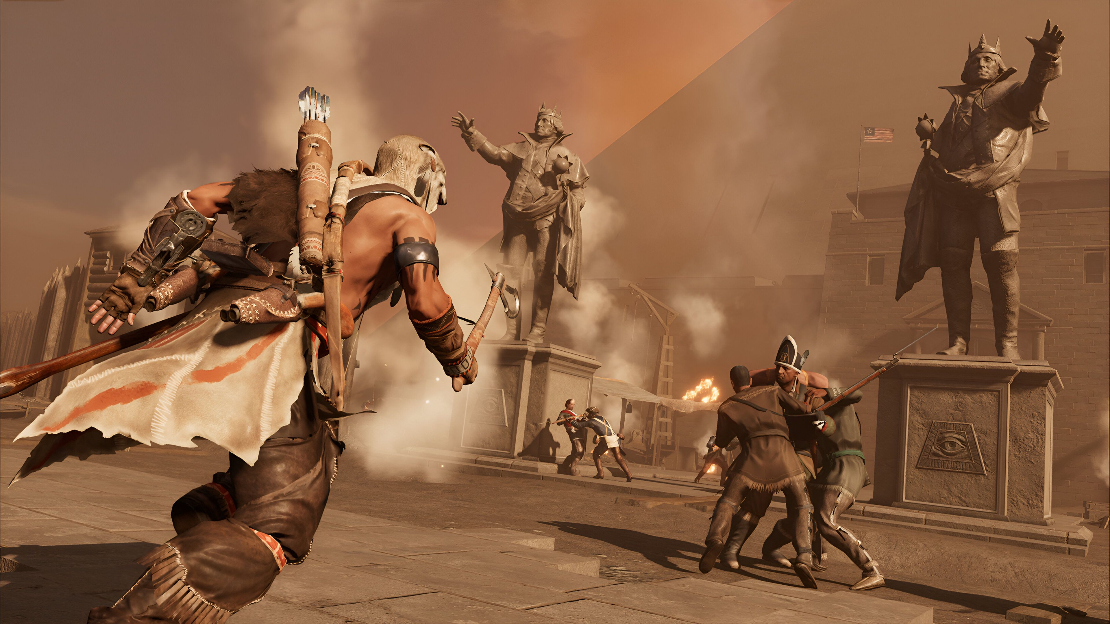 A screenshot from Assassin's Creed III's DLC, The Tyranny of King Washington, showing Connor Kenway wielding a Tomahawk and running towards a fight.