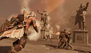 A screenshot from Assassin's Creed III's DLC, The Tyranny of King Washington, showing Connor Kenway wielding a Tomahawk and running towards a fight.