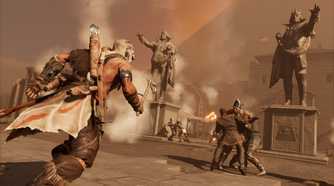 A screenshot from Assassin's Creed III's DLC, The Tyranny of King Washington, showing Connor Kenway wielding a Tomahawk and running towards a fight.