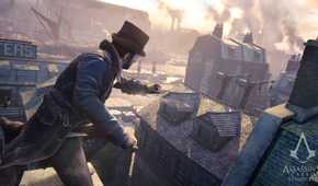 A screenshot from Assassin's Creed Syndicate, showing Jacob Frye in a top hat standing atop a rooftop.