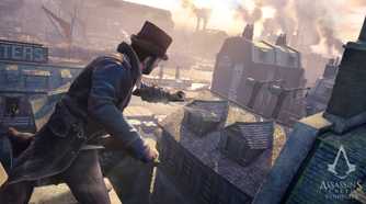 A screenshot from Assassin's Creed Syndicate, showing Jacob Frye in a top hat standing atop a rooftop.