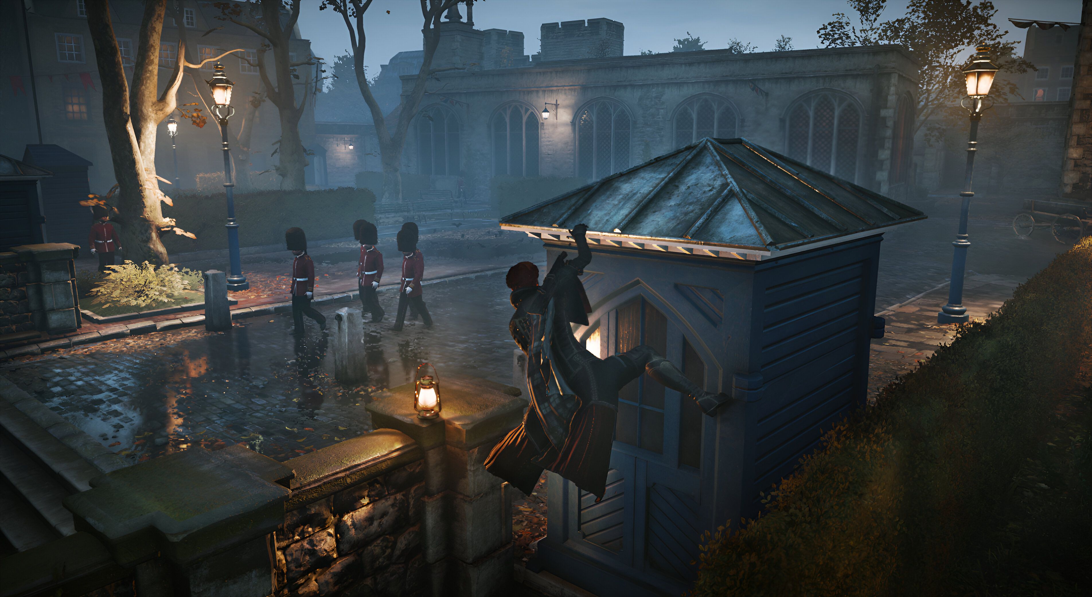 A screenshot from the game "Assassin's Creed Syndicate", showing Evie Frye stealthily climbing atop a small guardpost.