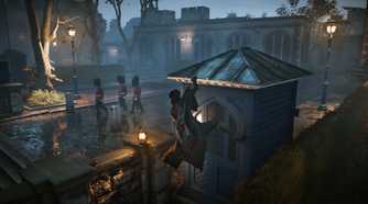 A screenshot from the game "Assassin's Creed Syndicate", showing Evie Frye stealthily climbing atop a small guardpost.
