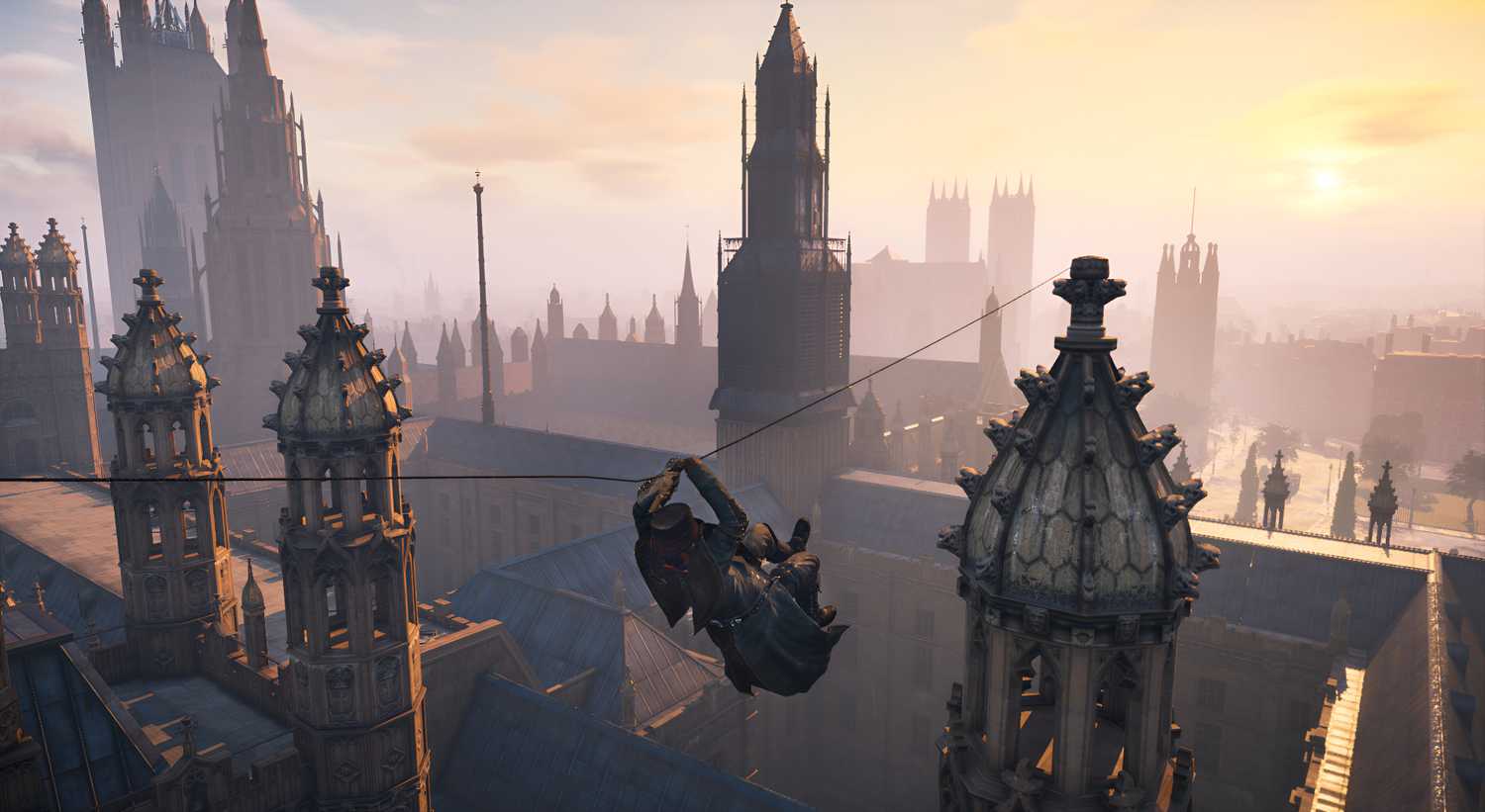 A screenshot from the game "Assassin's Creed Syndicate", showing Evie Frye swinging from a rope tied to a steeple.