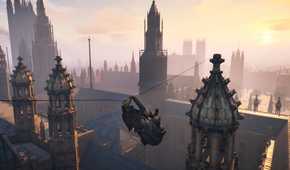 A screenshot from the game "Assassin's Creed Syndicate", showing Evie Frye swinging from a rope tied to a steeple.