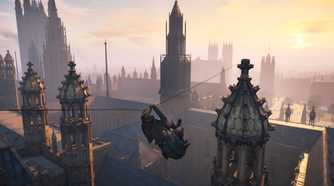 A screenshot from the game "Assassin's Creed Syndicate", showing Evie Frye swinging from a rope tied to a steeple.