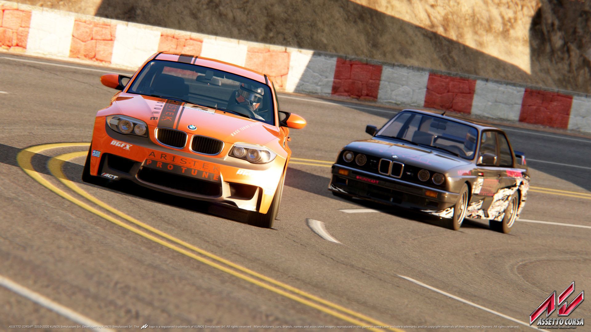 A screenshot from the game "Assetto Corsa", showing two BMW cars racing on the track.
