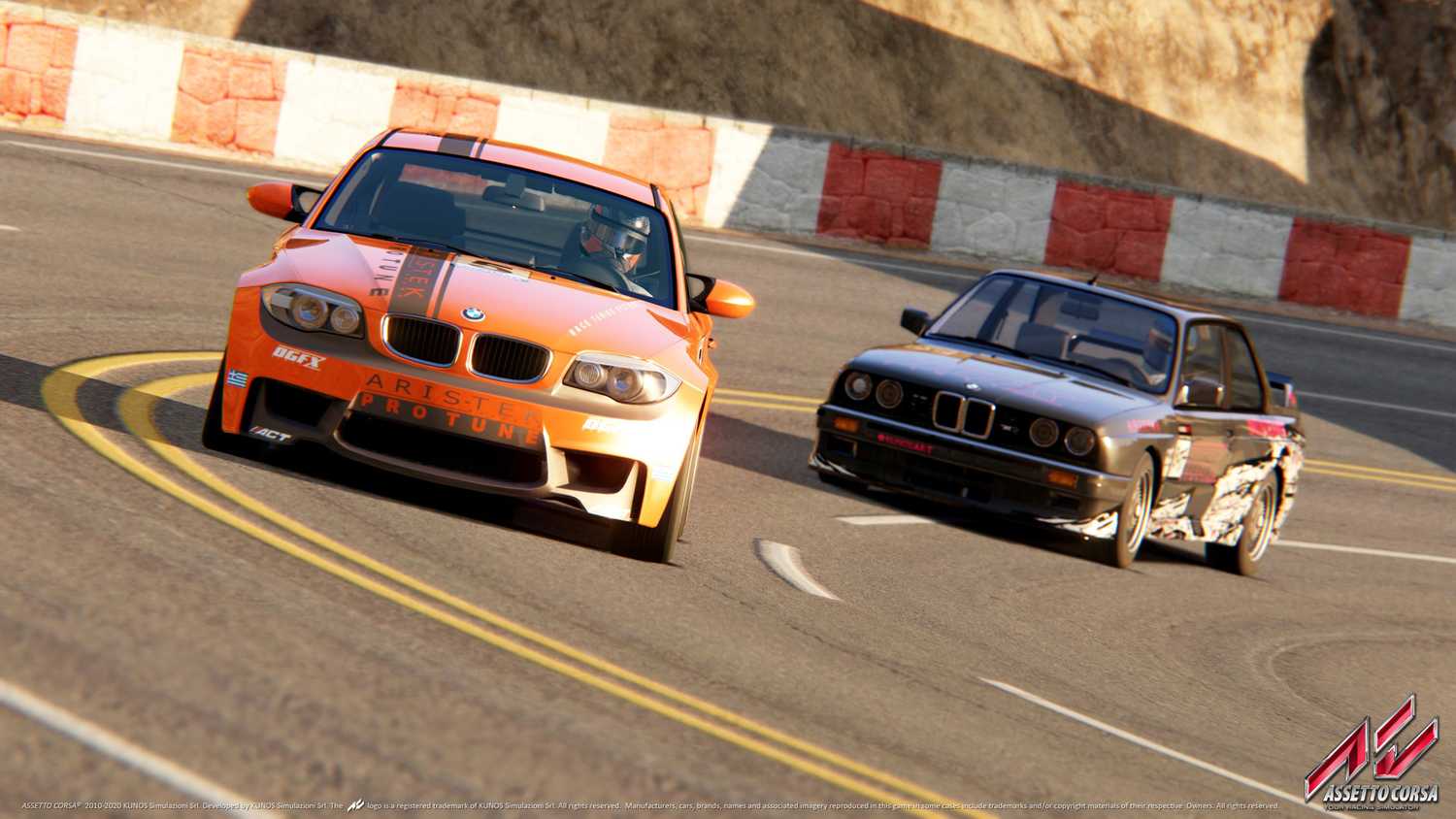 A screenshot from the game "Assetto Corsa", showing two BMW cars racing on the track.