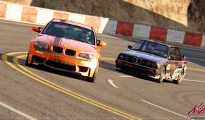 A screenshot from the game "Assetto Corsa", showing two BMW cars racing on the track.