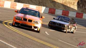 A screenshot from the game "Assetto Corsa", showing two BMW cars racing on the track.