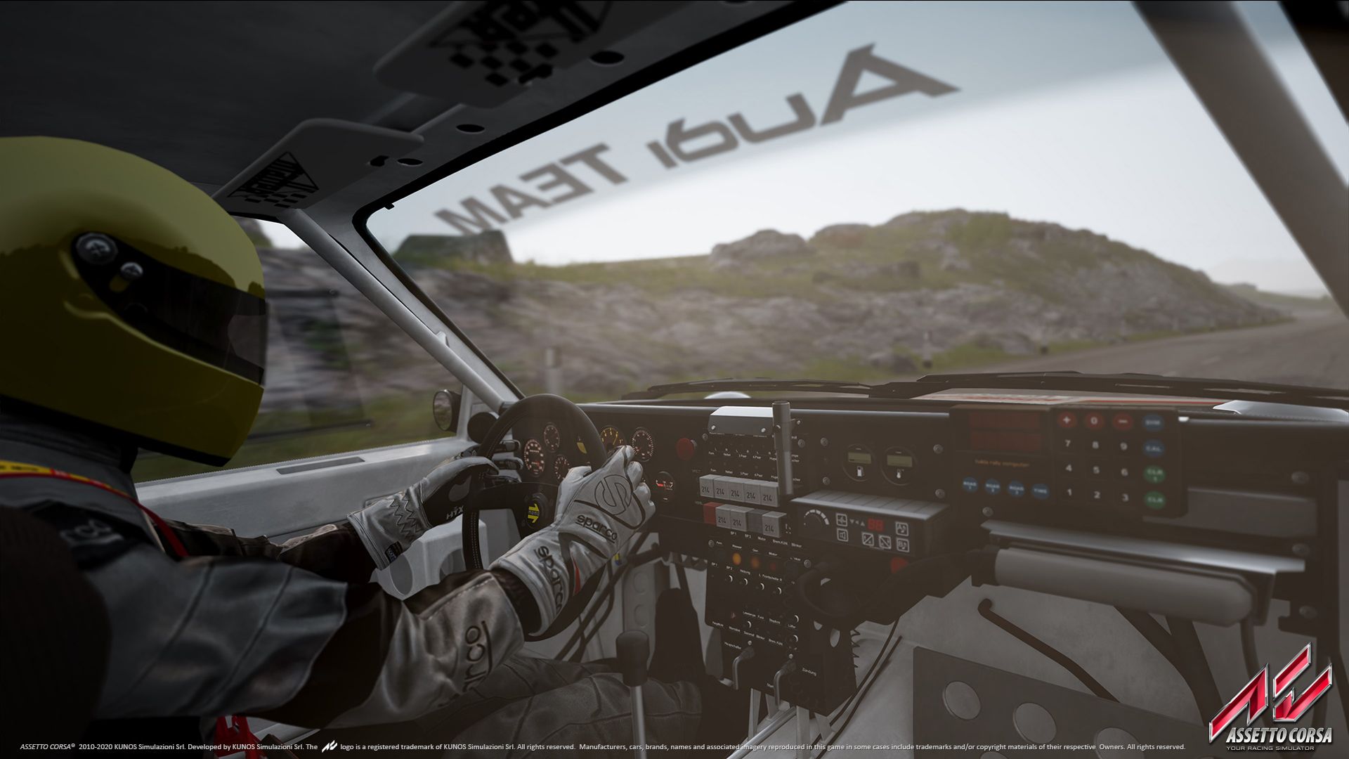 A screenshot from the game "Assetto Corsa", showing a driver wearing a helmet and driving a car.