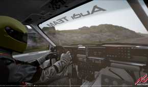 A screenshot from the game "Assetto Corsa", showing a driver wearing a helmet and driving a car.