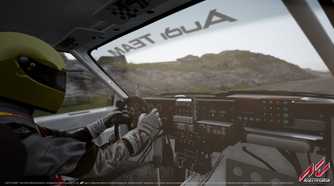A screenshot from the game "Assetto Corsa", showing a driver wearing a helmet and driving a car.