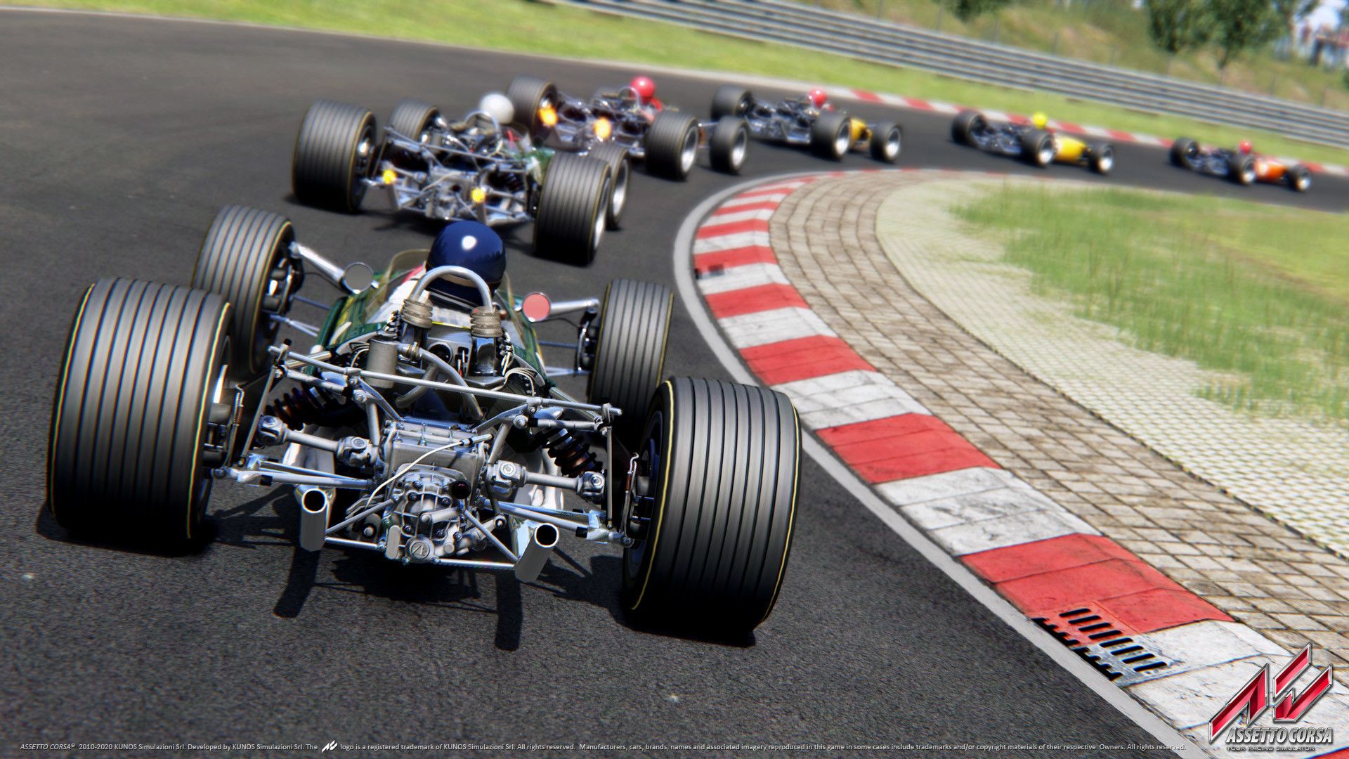 A screenshot from the game "Assetto Corsa", showing multiple Formula cars racing on the track.