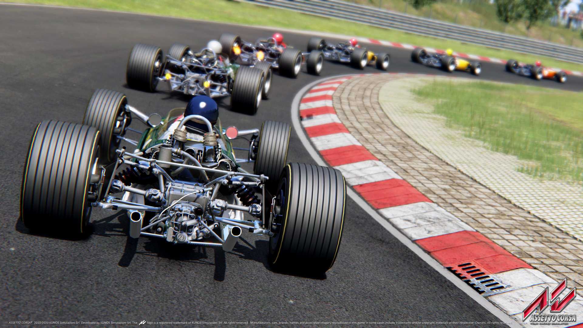 A screenshot from the game "Assetto Corsa", showing multiple Formula cars racing on the track.