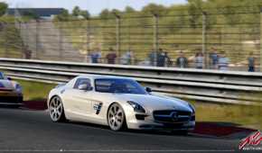 A screenshot from the game "Assetto Corsa", showing a silver Mercedes-AMG car racing on the track as viewers look on at the sidelines.