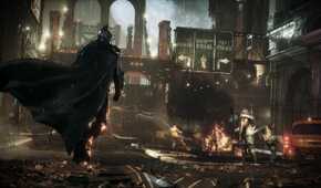 Batman walking up to goons in Batman: Arkham Knight.