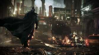 Batman walking up to goons in Batman: Arkham Knight.