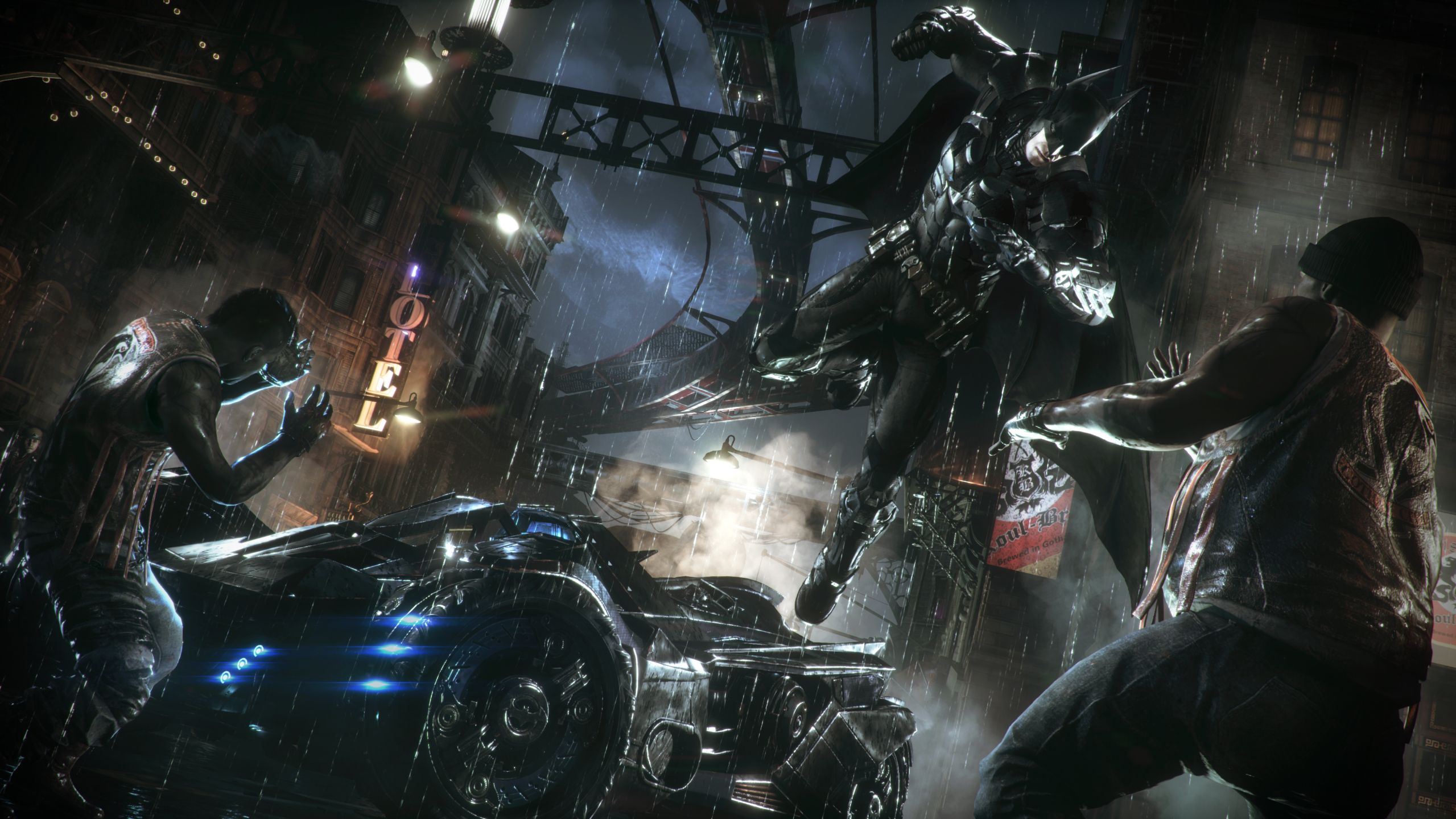 Batman jumping out of the Batmobile to beat up goons in Batman: Arkham Knight.