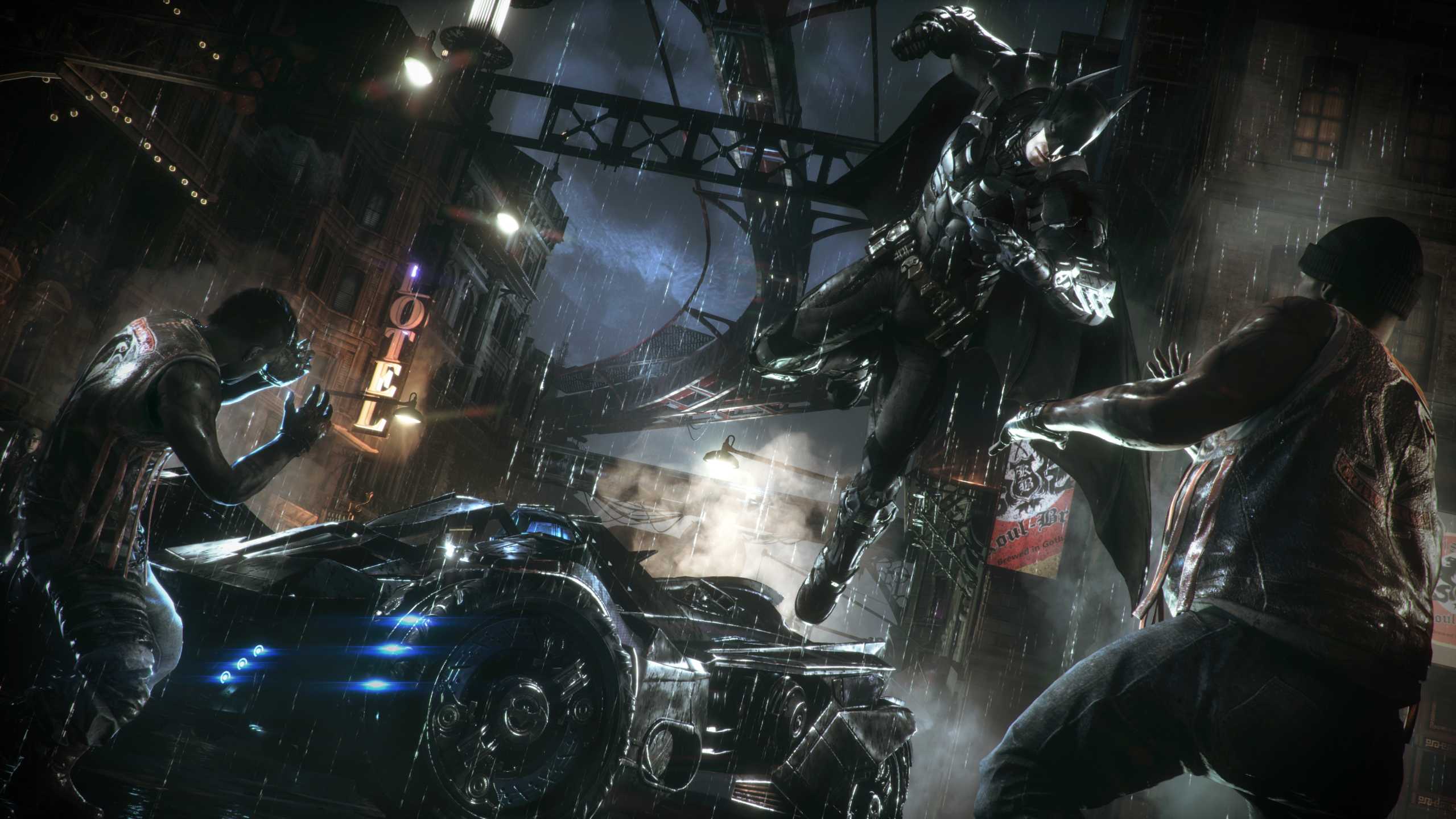 Batman jumping out of the Batmobile to beat up goons in Batman: Arkham Knight.